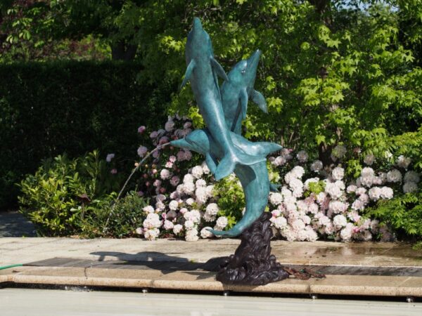 Bronze Dolphins Verdigris Trio Sculpture Fountain Water Feature FO 59 1 | Avant Garden Bronzes