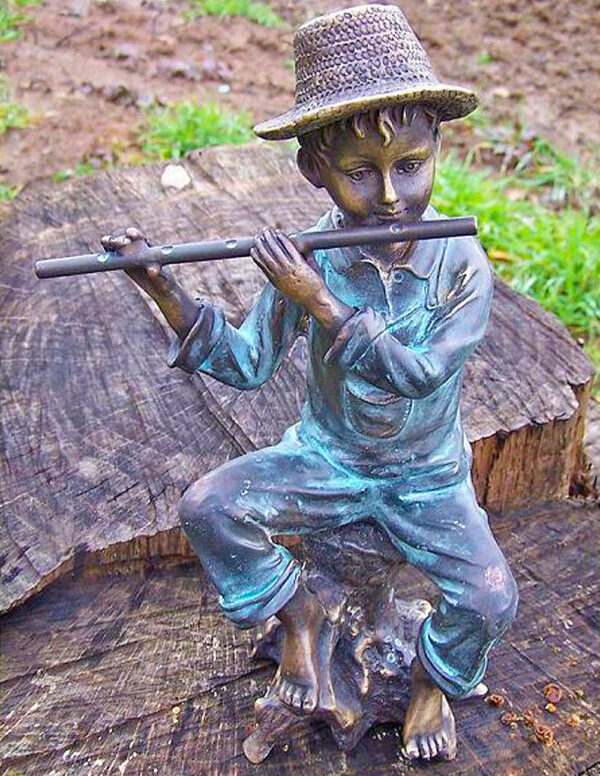 FIBO 3 Solid Bronze Boy on Log Playing Flute Sculpture 1 | Avant Garden Bronzes