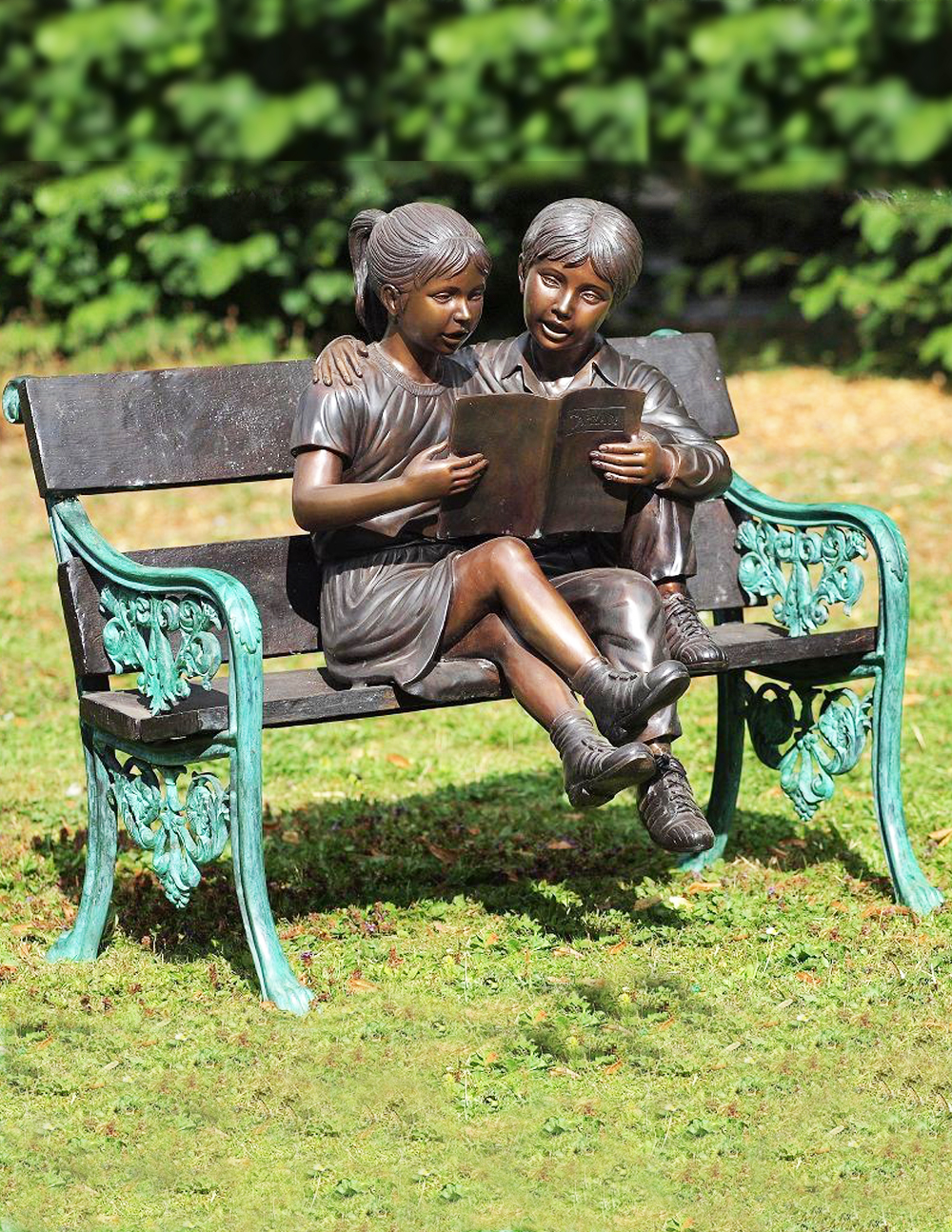 Bronze Sister And Brother Reading On Bench Sculpture FIGI 1 1 | Avant Garden Bronzes