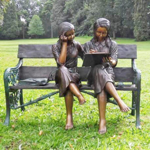 Girls Study Time Reading On Bench Bronze Sculpture FIGI 27 1 | Avant Garden Bronzes