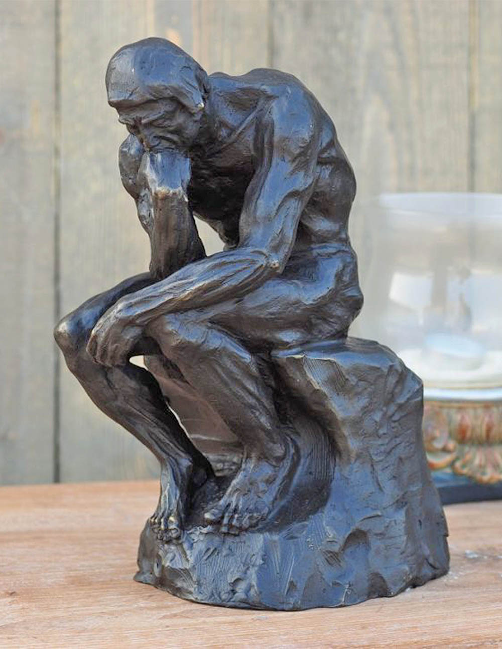 Bronze Thinker Sculpture Rodin Style 29cm classic seated thinker bronze figure for desk, office, library or study display.