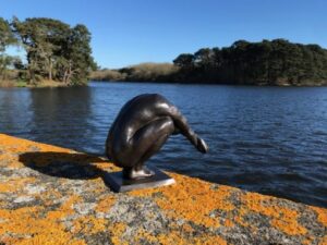 Bronze diving man sculpture male figure shelf sitter desk ornament deep brown patina swimming gift