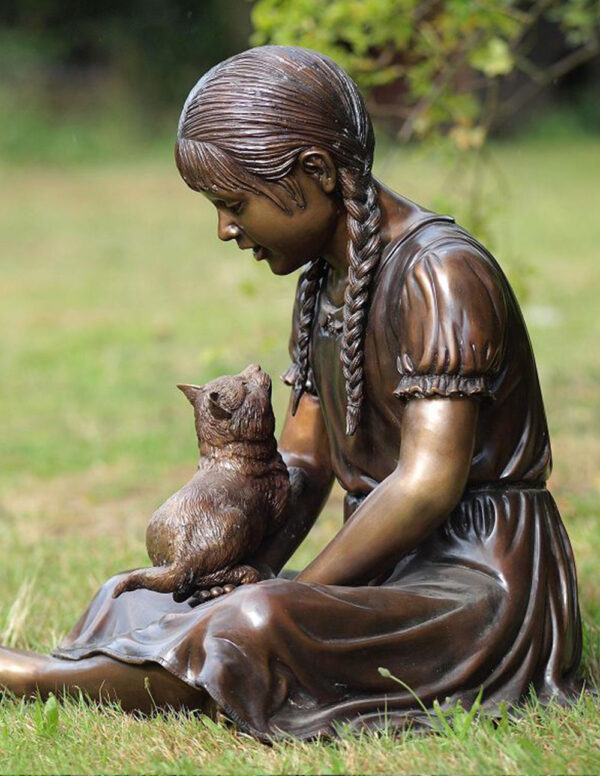 Pretty Young Girl Sitting Playing With Cat Bronze Sculpture FIGI 6 2 | Avant Garden Bronzes