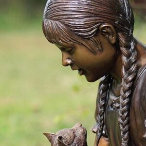 Pretty Young Girl Sitting Playing With Cat Bronze Sculpture FIGI 6 4 | Avant Garden Bronzes