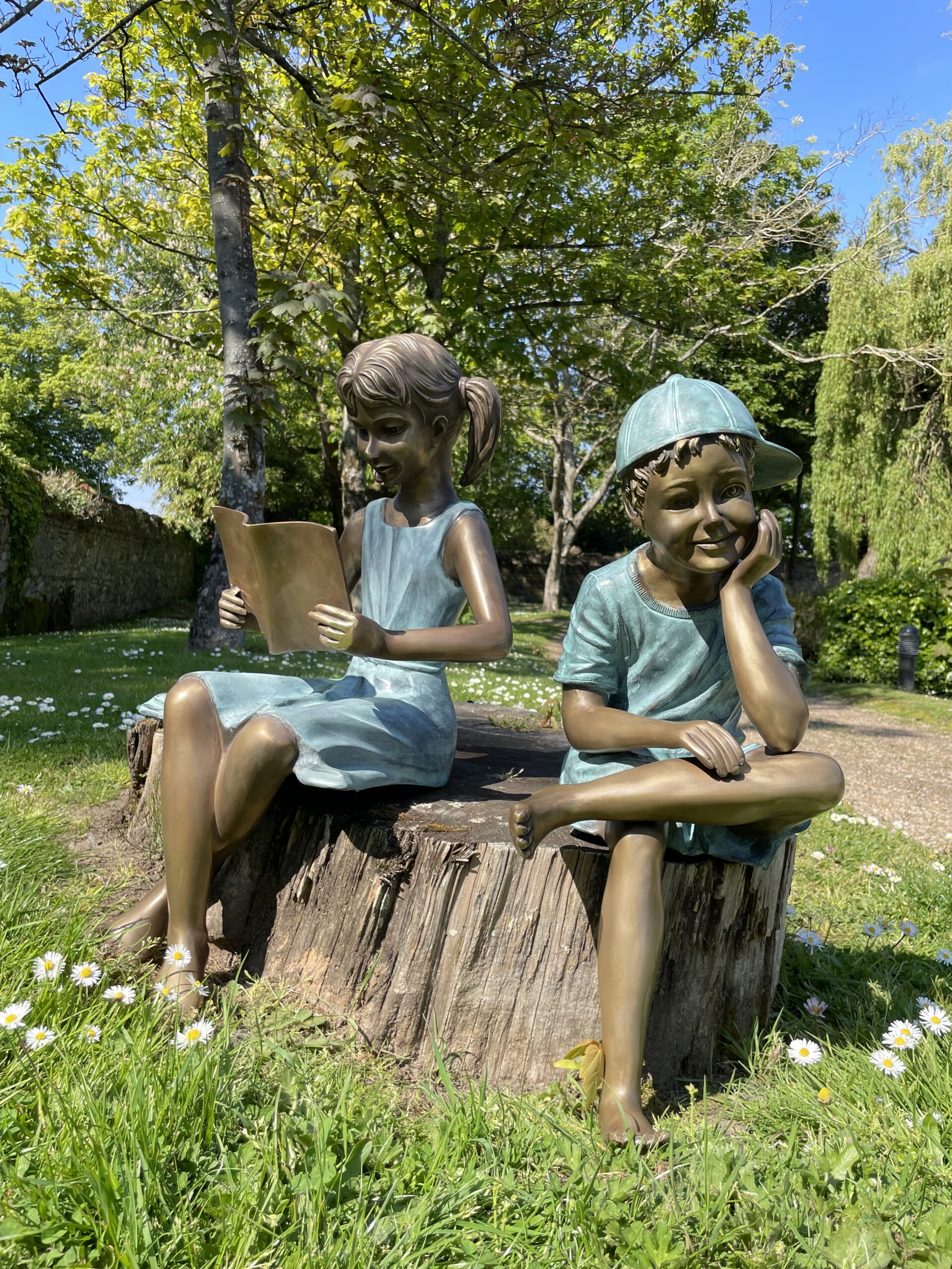 Literary Girl and Boy with Cap Solid Bronze Sculptures 3 | Avant Garden Bronzes