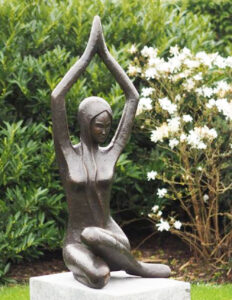 Jennifer abstract modern nude female bronze sculpture kneeling with raised arms contemporary garden statue