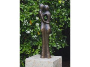 Slender abstract bronze lovers kiss sculpture with warm deep brown patina and tactile finish
