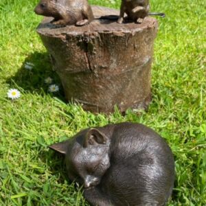 Sleeping Cat And Two Mice Bronze Sculpture 2 | Avant Garden Bronzes