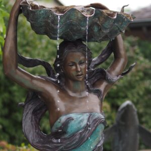 Solid Bronze Water Nymph With Shell Fountain Water Feature (close up) 1 | Avant Garden Bronzes