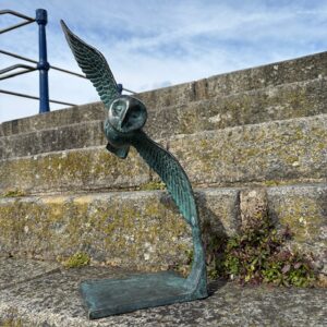 Bronze Barn Owl Sculpture wingspread with verdigris patina gliding pose for garden pedestal, low wall or interior display.