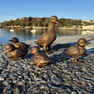 Duck Family Bronze Sculpture Set of Five Birds BI 02 displayed together beside a peaceful Guernsey bay Duck Family Bronze Sculpture Set of Five Birds BI 02