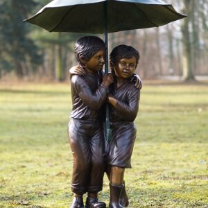 Solid Bronze Boy & Girl Under Umbrella Garden Sculpture 1 | Avant Garden Bronzes