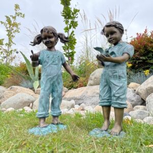 Boy & Girl Holding Birds Bronze Sculpture 1 | Avant Garden Bronzes