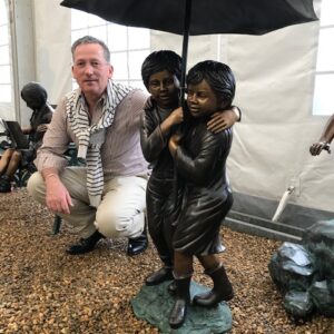 Girl & Boy Under Umbrella Fountain Bronze Sculpture 4 | Avant Garden Bronzes