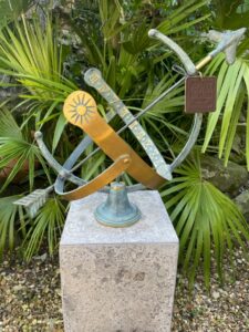 45cm classic bronze armillary sphere sundial with Roman numerals and feather arrow gnomon in polished and verdigris finish