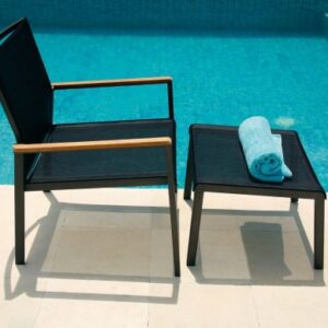 Aura Charcoal Sling Club Chair Graphite Frame Teak Armrest by Barlow Tyrie