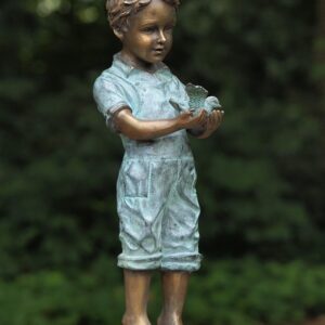 Boy Holding Bird Bronze Verdigris Sculpture 1 | Avant Garden Bronzes