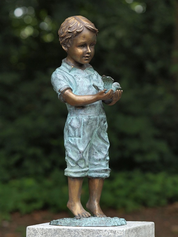 Boy Holding Bird Bronze Verdigris Sculpture 1 | Avant Garden Bronzes