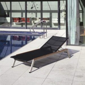 Equinox Sunlounger Charcoal Sling Teak Capping Brushed Stainless Steel by Barlow Tyrie