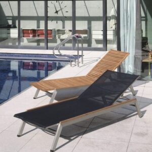 Equinox Sunlounger Charcoal Sling Teak Capping Brushed Stainless Steel by Barlow Tyrie