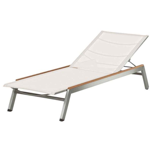 Equinox Sunlounger Pearl Sling Teak Capping Brushed Stainless Steel by Barlow Tyrie (1) | Avant Garden