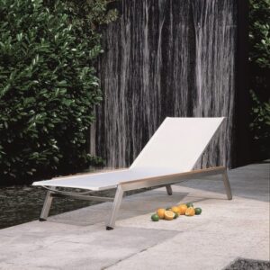 Equinox Sunlounger Pearl Sling Teak Capping Brushed Stainless Steel by Barlow Tyrie