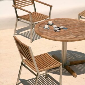 Equinox Teak 100 Bistro Round Table Brushed Stainless Steel Frame by Barlow Tyrie