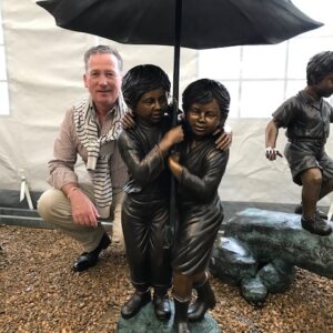 Solid Bronze Boy & Girl Under Umbrella Garden Sculpture 3 | Avant Garden Bronzes
