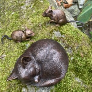 Sleeping Cat And Two Mice Bronze Sculpture 1 | Avant Garden Bronzes