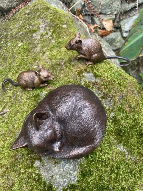 Sleeping Cat And Two Mice Bronze Sculpture 1 | Avant Garden Bronzes