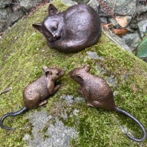 Sleeping Cat And Two Mice Bronze Sculpture 3 | Avant Garden Bronzes