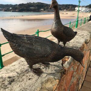 Walking Goose Feeding Duck Bronze Sculptures 6 | Avant Garden Bronzes
