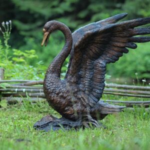 Magnificent wingspread swan fountain bronze sculpture with fully extended detailed wings