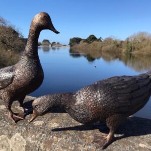 Walking Goose Feeding Duck Bronze Sculptures 1 | Avant Garden Bronzes