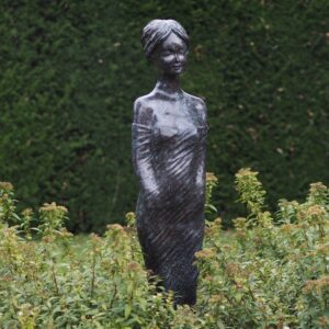 Elegant bronze lady feminine garden sculpture with slender form