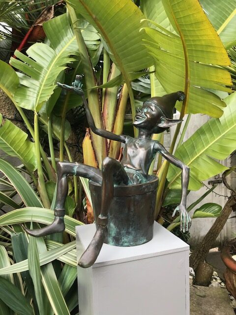 Goblin in a Bucket Verdigris Bronze Garden Art Sculpture Fountain Water Feature FO82 creating a gentle water flow from the frog into the bucket