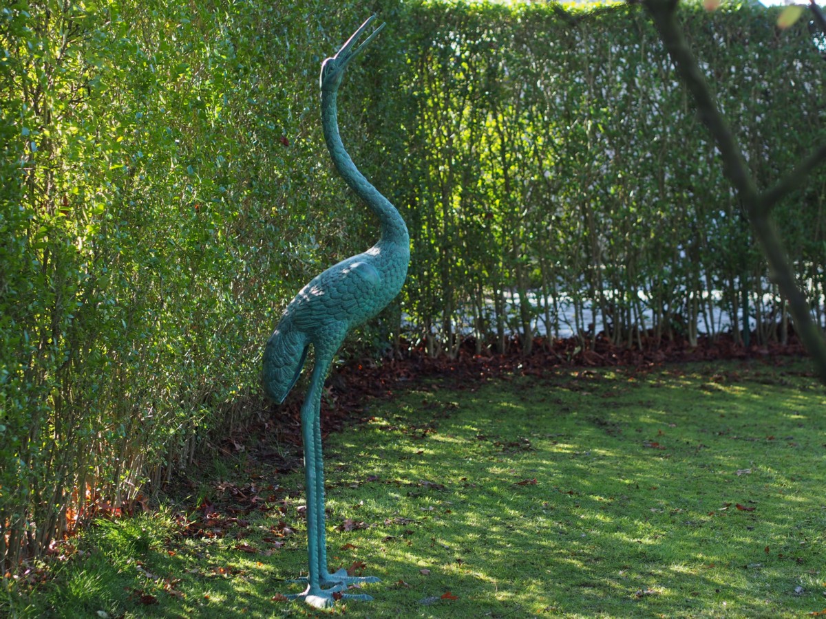 Verdigris Crane Head Up Bronze Fountain Bird Sculpture Water Feature BI 001 1 | Avant Garden Bronzes