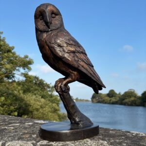 Bronze Barn Owl Sculpture perched beside St Saviour's Reservoir in Guernsey.