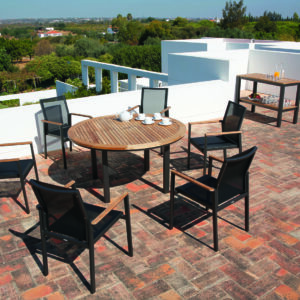 Aura 140 Dining Suite - Teak Top Circular Table And 6 Dining Armchairs Set 2 | Avant Garden Bronzes