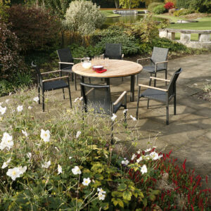 Aura 140 Dining Suite - Teak Top Circular Table And 6 Dining Armchairs Set 3 | Avant Garden Bronzes