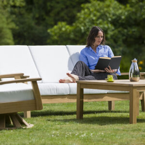 Haven Three Seater Settee Deep Seating Lounge Solid Teak Waterproof Cushions 1 | Avant Garden Bronzes
