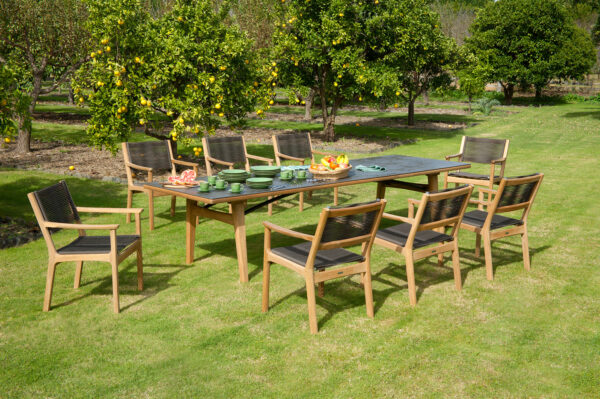 Monterey Oxide 300 Teak Suite Table & 8 Carver Brown Cord Armchairs 1 | Avant Garden Bronzes