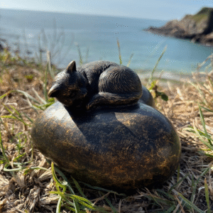Cat Resting On a Heart Cremation Urn Memorial Bronze Sculpture