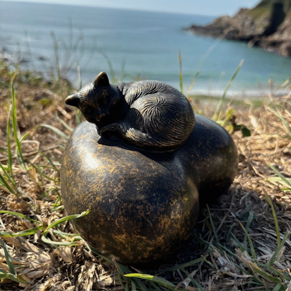 Cat Resting On a Heart Cremation Urn Memorial Bronze Sculpture