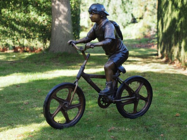 School Boy On Bicycle Cycling Bronze Garden Sculpture FIBO 55 1 | Avant Garden Bronzes