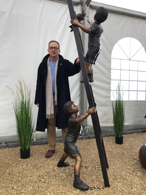 Children Climbing Ladder With Cat Bronze Sculpture 2 metre garden statue