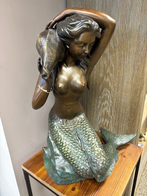 Mermaid shell fountain sculpture seated bronze with verdigris tail and cascading shell water feature