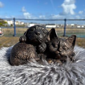 puppy and kitten cuteness bronze sculpture sleeping cat and dog ornament for home or garden display