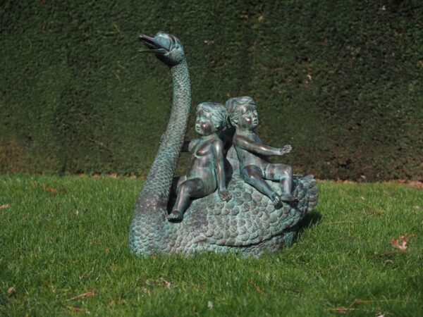Riding A Swan Fountain with three little children Bronze Sculpture 1 | Avant Garden Bronzes
