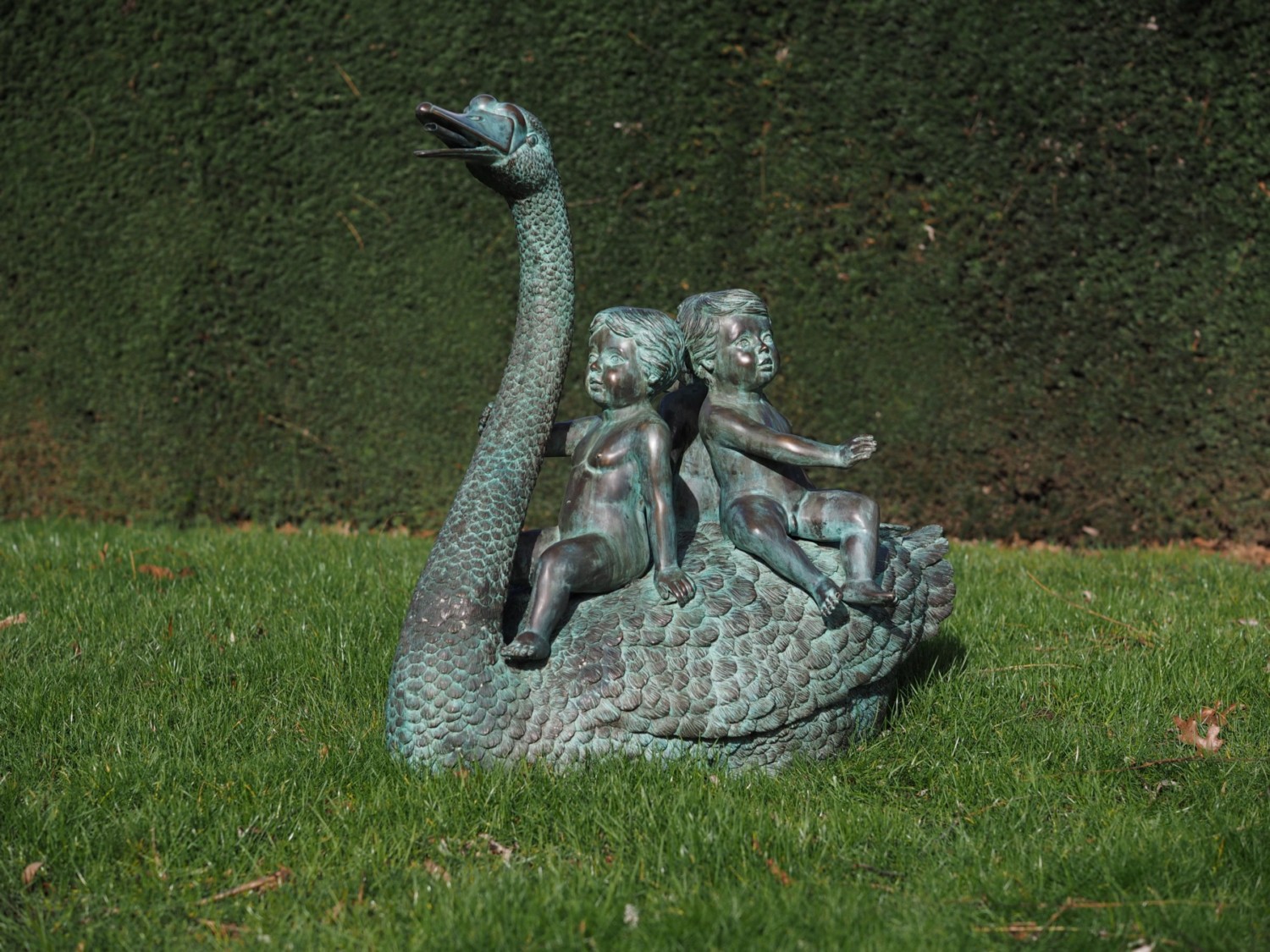 Riding A Fantasy Swan with three children Fountain Water Feature Bronze Sculpture 1 | Avant Garden Bronzes